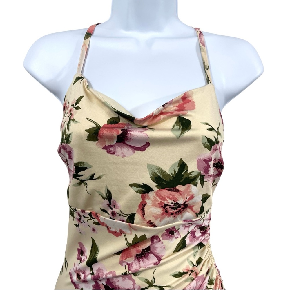 Floral Ruched Maxi Dress in Cream and Pink Flowers - Picture 6 of 12